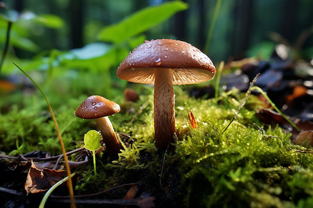 雨后林中生长的蘑菇背景图片