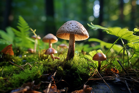 小草蘑菇苔藓上自然生长的蘑菇背景
