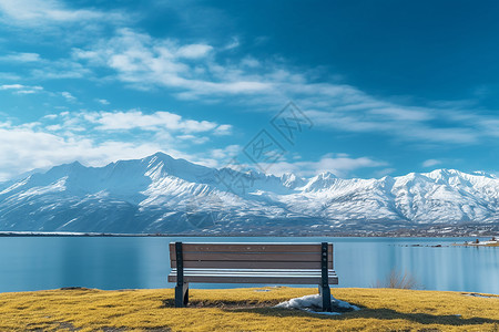 雪山下湖泊的美丽景观高清图片