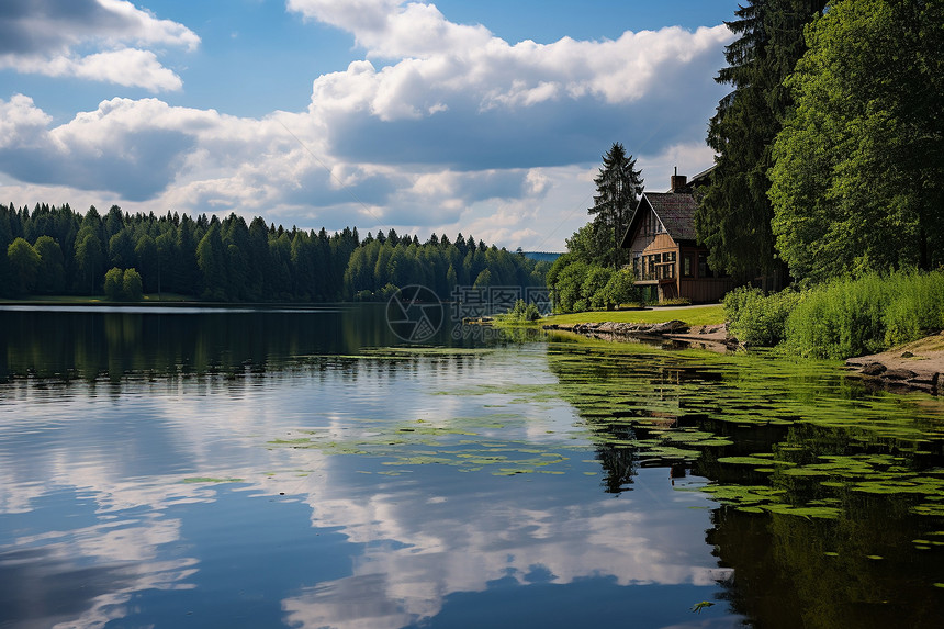湖畔小屋的美丽景观图片