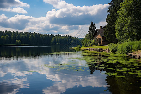 湖畔小屋的美丽景观背景图片