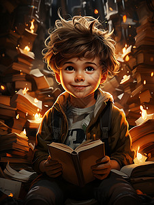 书海中探索的小男孩背景图片