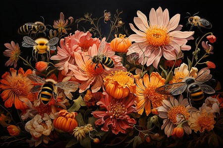 蜜蜂徘徊花丛间的油画插图背景图片
