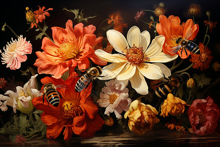 蜜蜂采蜜的油画插图背景图片