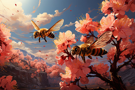 围绕着花朵的蜜蜂背景图片