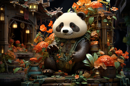森林中的熊猫插画背景图片
