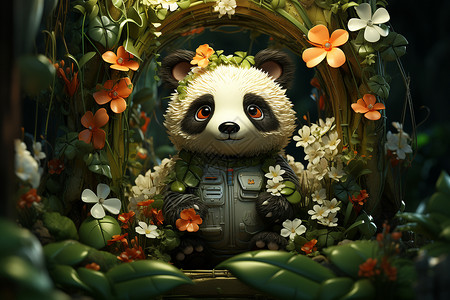 夏日树林中的可爱熊猫背景图片