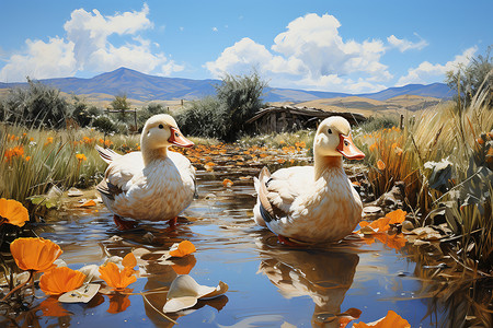 养殖鸭子悠然的湖面和鸭子插画