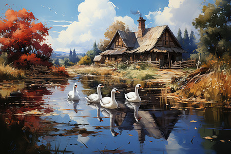 农村农场养殖的白鹅背景图片