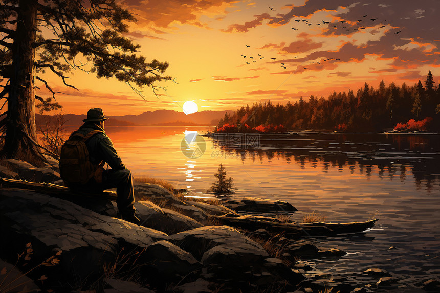 夕阳湖畔的男子图片