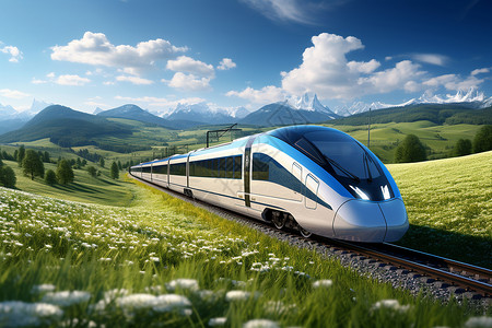 科技列车清晨绿野中行驶的氢动力列车插画