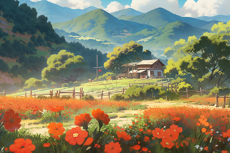 彩色自然田园彩色菊花点缀的乡村风光插画