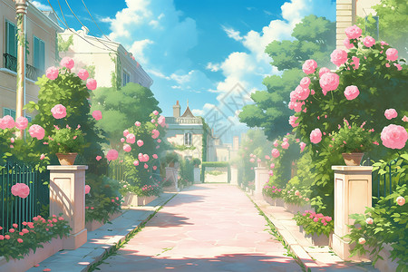 清新街道背景玫瑰街一片美丽景色插画