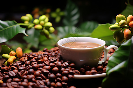 咖啡豆和一杯咖啡高清图片