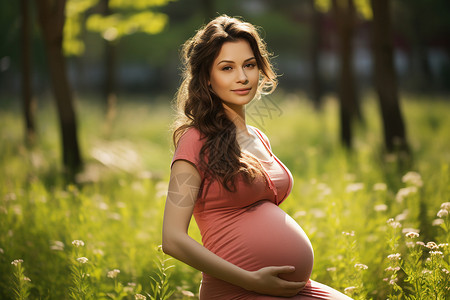 孕妇在户外的草地上背景图片