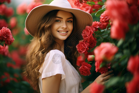 拿玫瑰少女玫瑰园中戴帽少女背景
