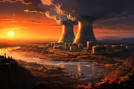 核反应堆日落中的核电站插画