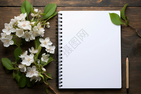木桌上面的盛开的花朵背景图片