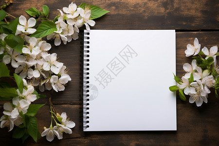 木桌上面的笔记本和花朵背景图片