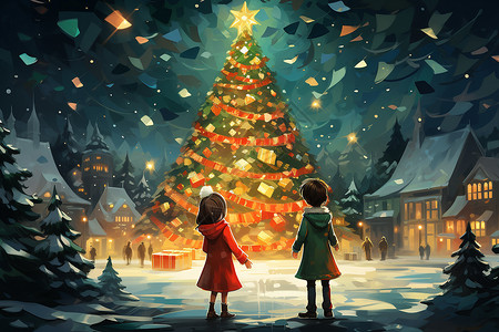圣诞树前的孩子背景图片