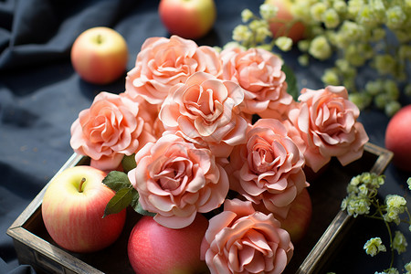 粉色玫瑰和苹果装满木盒背景图片