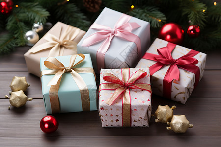 圣诞树旁一堆礼物盒背景图片