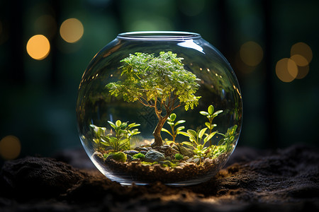 钨丝灯泡玻璃罩鱼缸里的小树设计图片