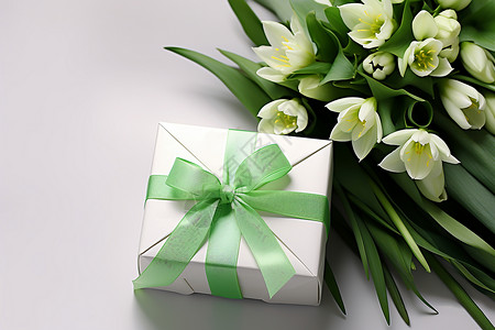 白盒子绿丝带和花束背景图片