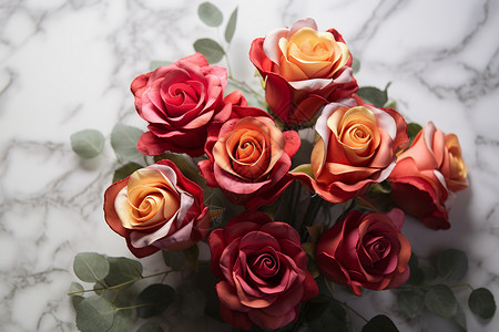石桌上的一束假玫瑰背景图片