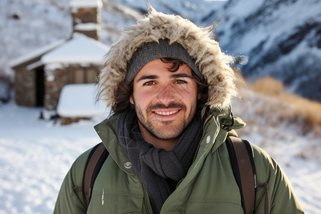 男士棉服详情页雪地中的男子背景