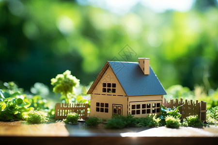 物业撑伞草地上的房屋模型设计图片
