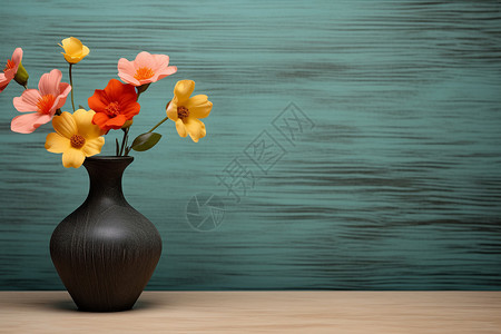 花朵墙纸木桌上典雅的花瓶背景