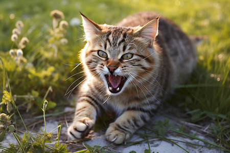 生气的猫草丛里的猫背景