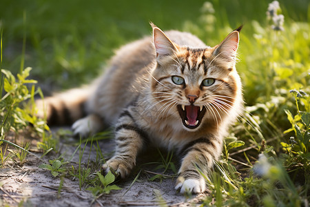 草地上张大嘴巴的猫咪背景图片