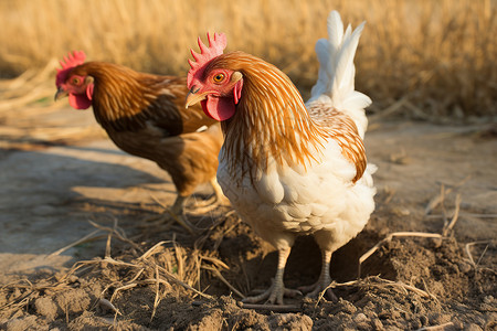 饲养鸡户外土地上的两只鸡背景