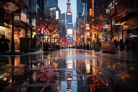 熙熙攘攘的人群雨后夜幕下的城市步行街背景