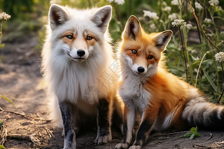 两只狐狸在树林中高清图片