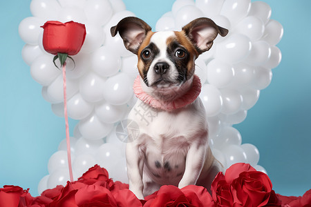 气球与玫瑰下的小狗背景图片