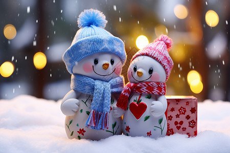 冬天戴围巾的小鸟戴着围巾和帽子的雪人背景