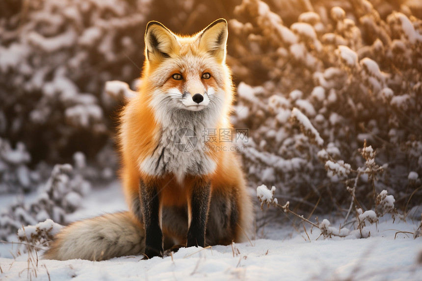 红狐坐在灌木丛里图片