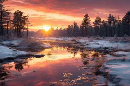 冬日夕阳下的湖泊背景图片
