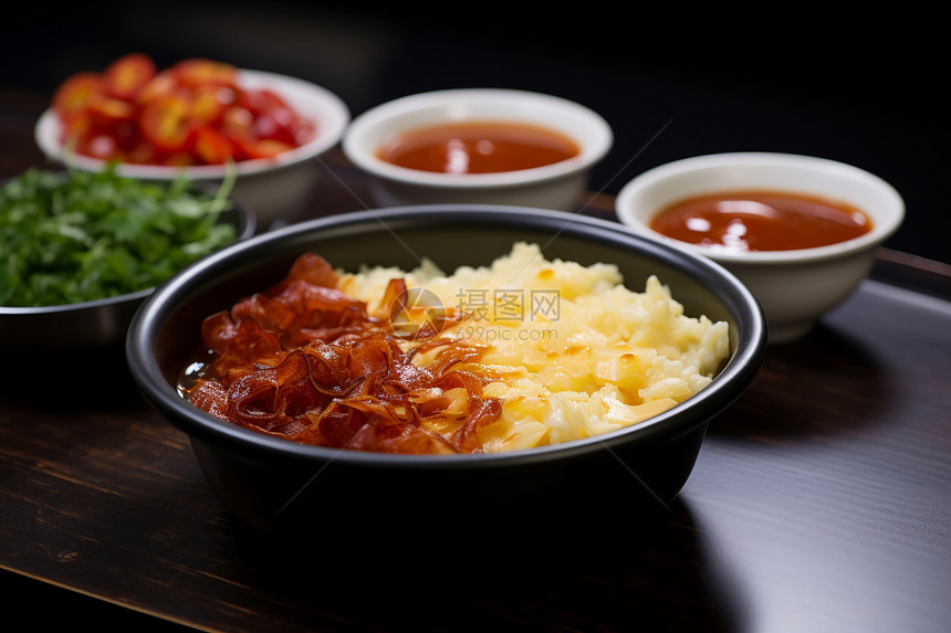 餐桌上摆满了各种食物和调料图片