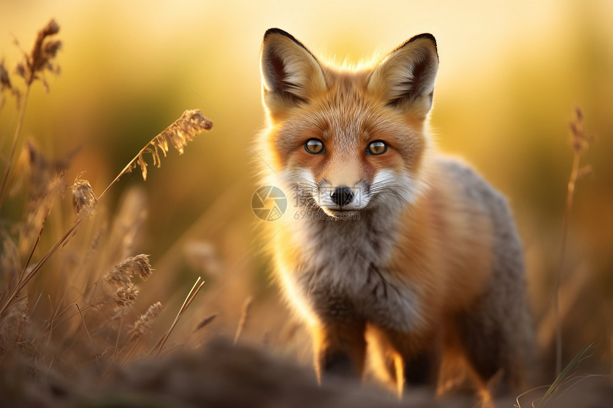 夕阳下红狐狸在草地上凝望镜头图片