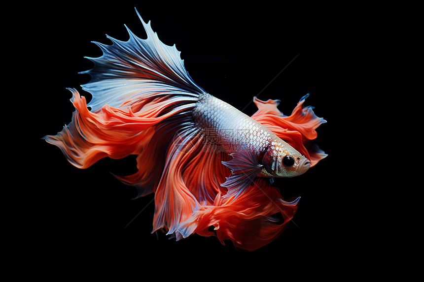 红尾鱼在黑色背景下游动图片