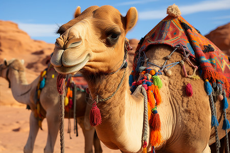 动物背一只背有鞍具的骆驼背景