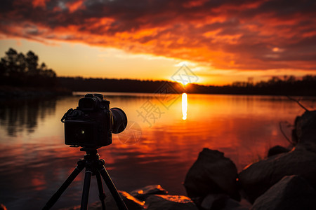 日落湖畔的摄影背景图片