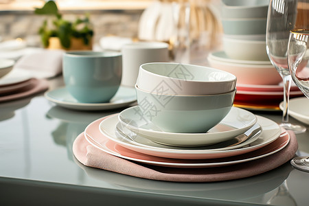 餐具陶瓷摆放整齐的碗和盘子背景