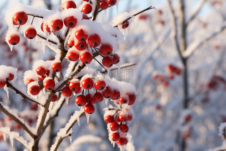 冬季户外的浆果和冰雪图片