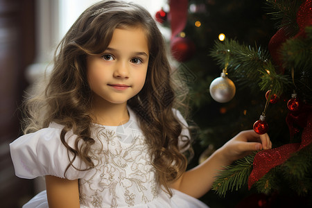 圣诞树旁边的小女孩背景图片