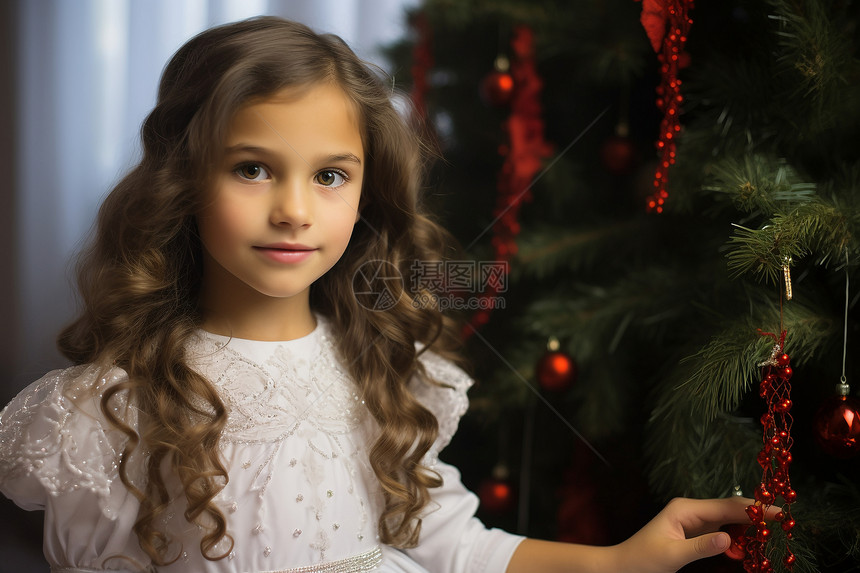 圣诞树旁边可爱的小女孩图片